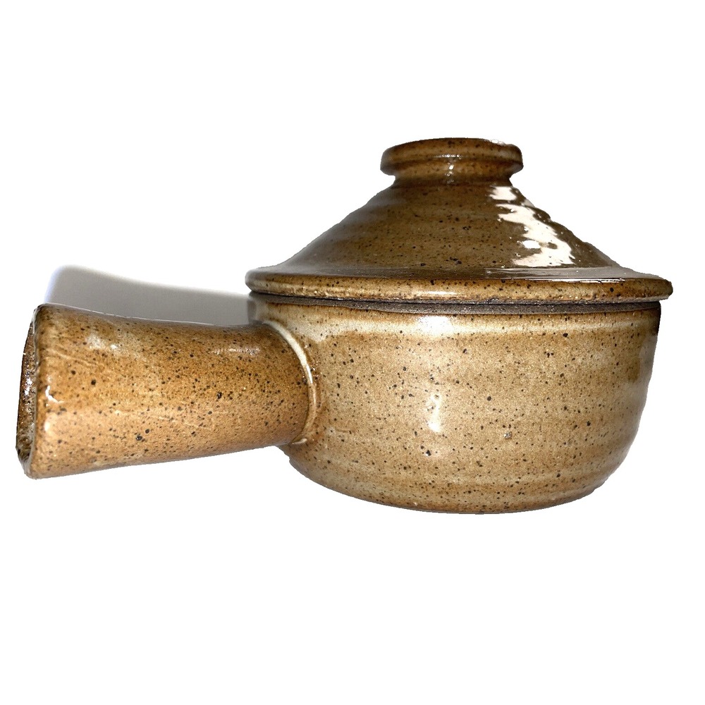 ONION SOUP BOWL CERAMIC STONEWARE  CROCKBROWN POTTERY VTG WITH HANDLE VENTED LID